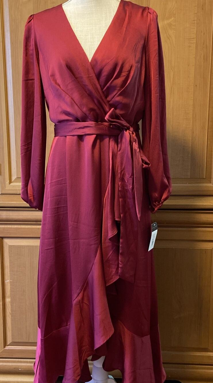 NEW! Tahari Wine Colored Tiered Wrap Dress / Size 10 / MSRP $129